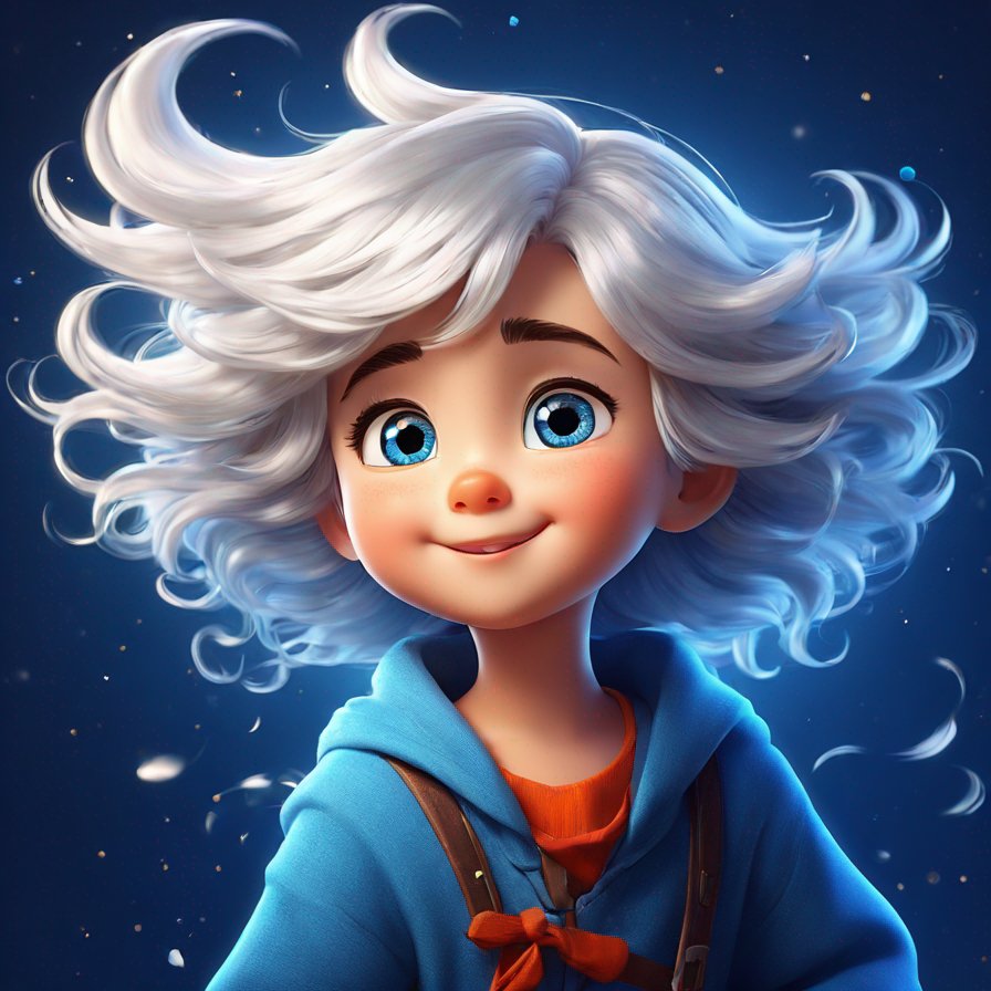 wind spirit, silver hair, bright blue eyes, playful, mischievous