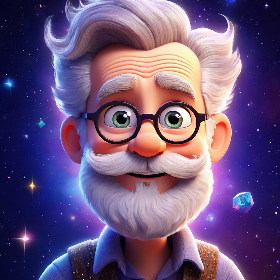 old man, beard made of stardust, eyes twinkle like diamonds, edge of galaxy