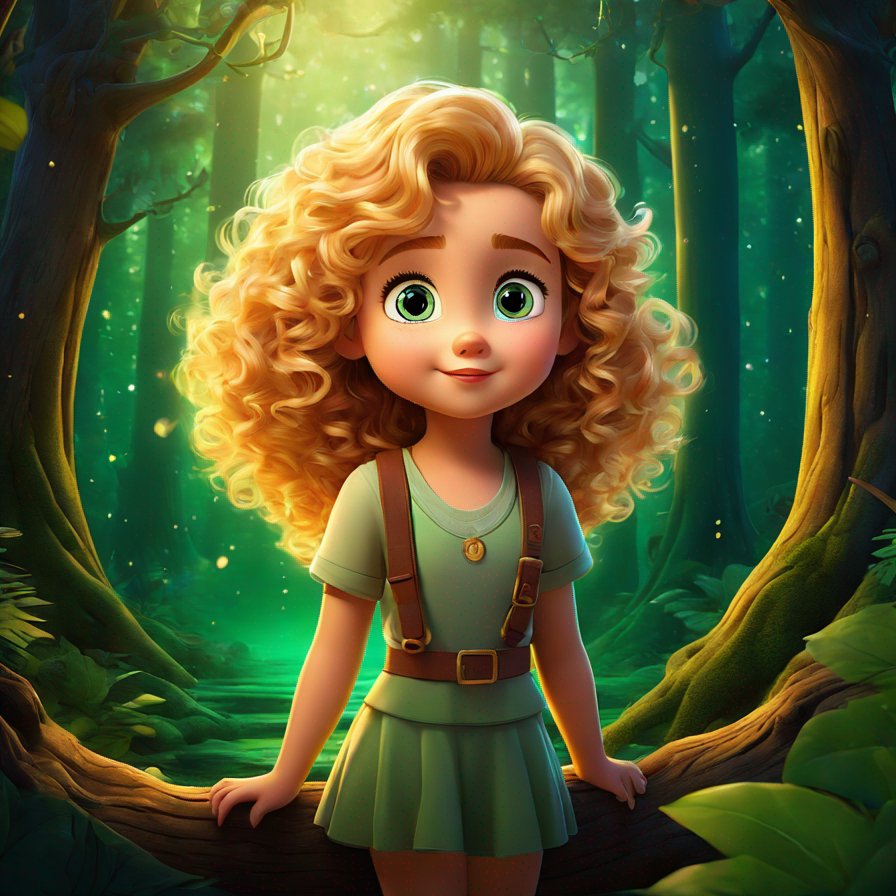young girl, curly golden hair, emerald eyes, determined expression, mystical forest background