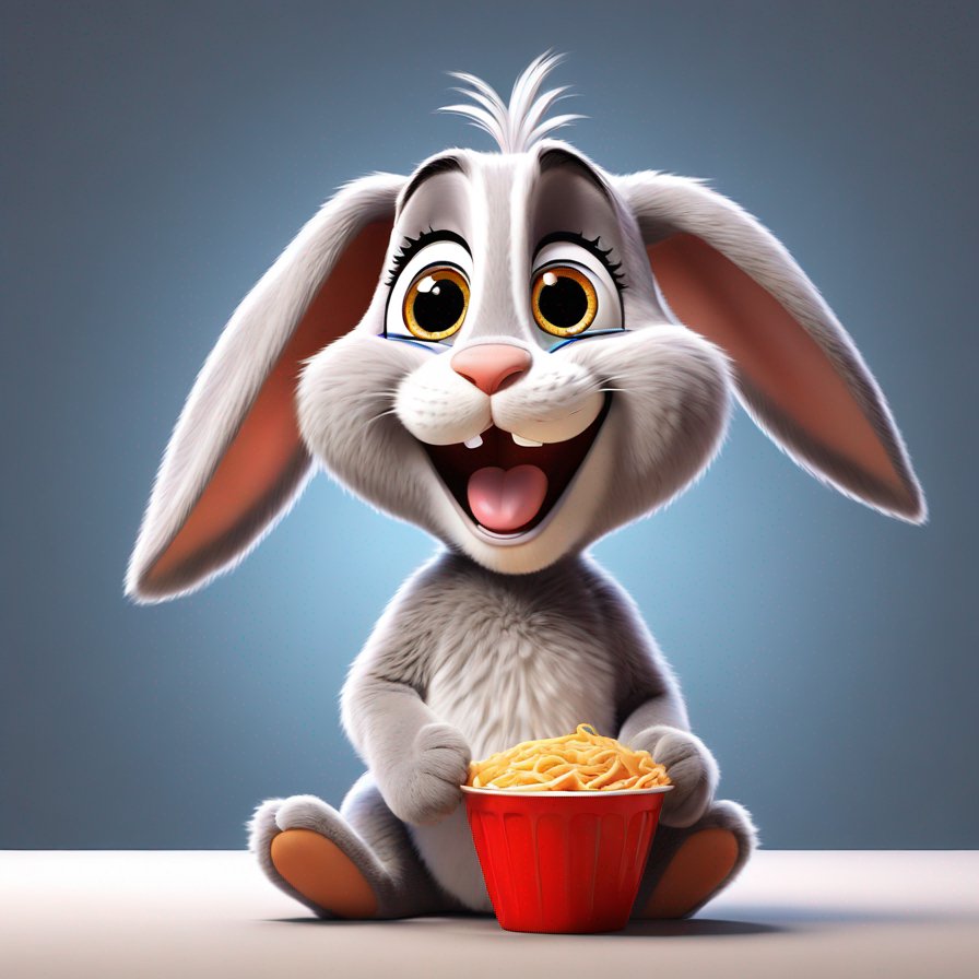 rabbit, soft grey fur, big droopy brown eyes, eating, delighted expression