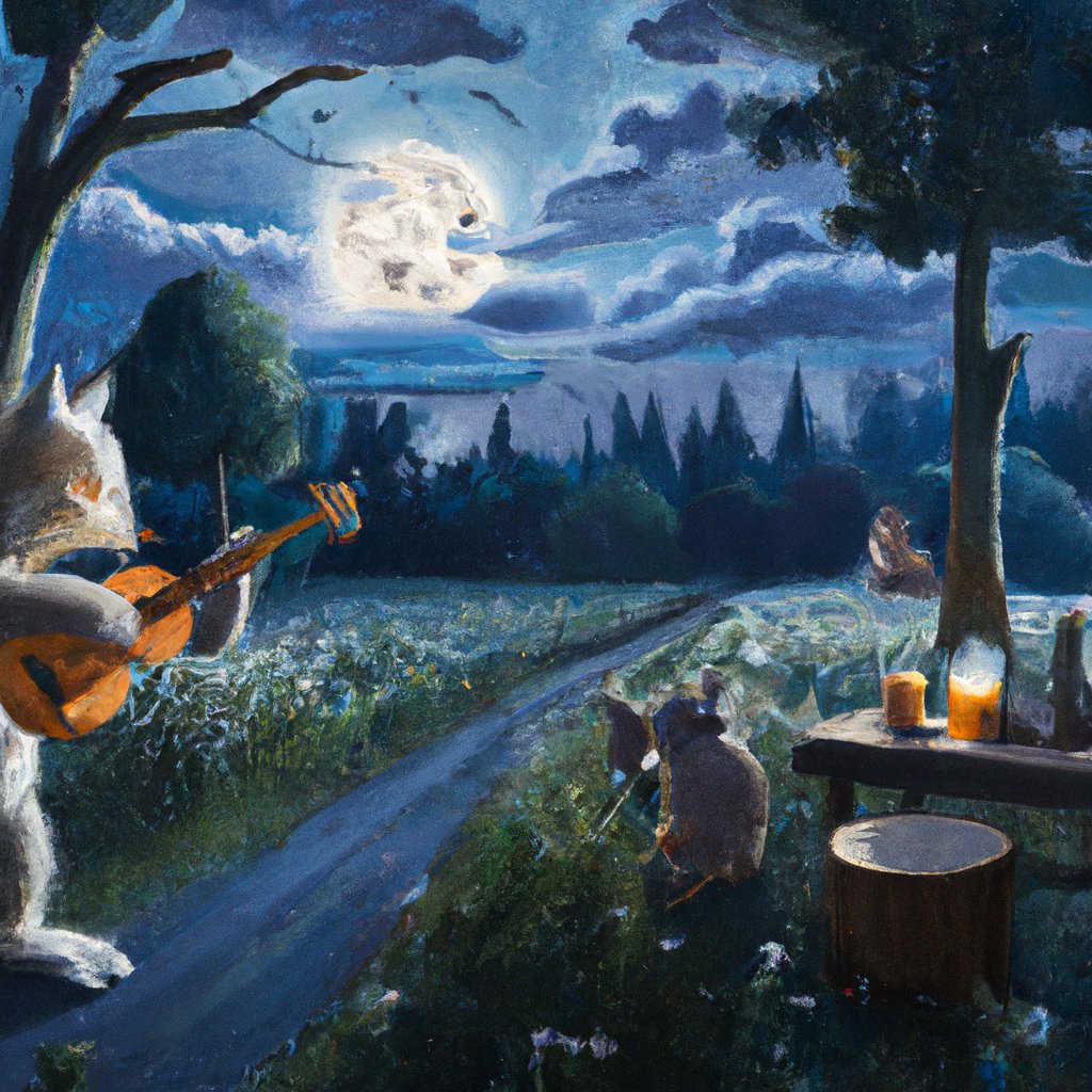 On a moonlit night, Alex spies an ensemble of nocturnal creatures playing instruments beneath a silvery full moon, including owls on violins, hedgehogs strumming guitars, and rabbits tapping drums with their fluffy feet; an amber-eyed fox calls out to them warmly and invites them to join in the music-making.