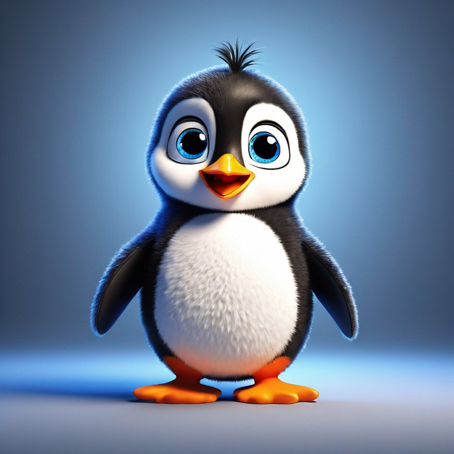 fluffy penguin, bright blue eyes, acrobatics