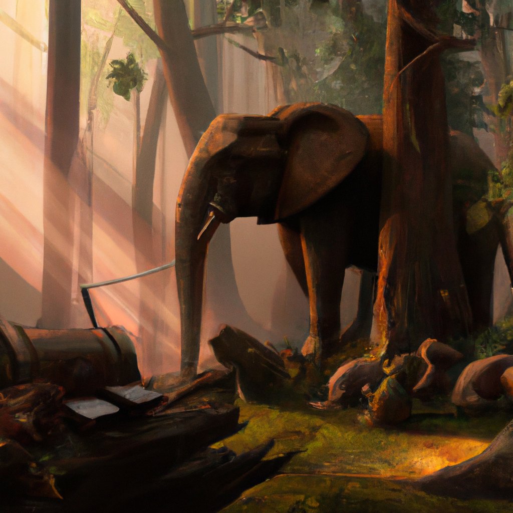 A wise and kind PZY, the Elephant, sits peacefully in a serene jungle, praying with his tiny forelegs clamped together while the warm sunlight shines down upon him and curious animals look on in wonder.