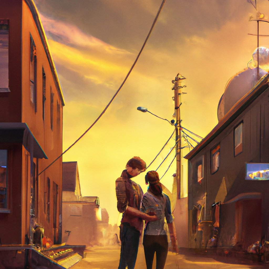 In the illustration, a young couple stand hand-in-hand in the middle of a picturesque, small-town street, their faces full of joy, love and expectation.