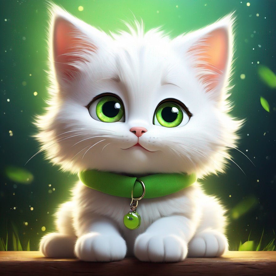 fluffy white cat, bright green eyes, wise, mischievous