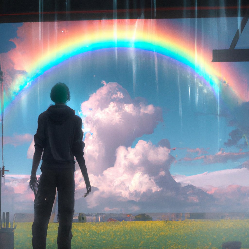 Henry, eager and curious, stared in awe at the vibrant, multi-colored rainbow arcing across the sky.