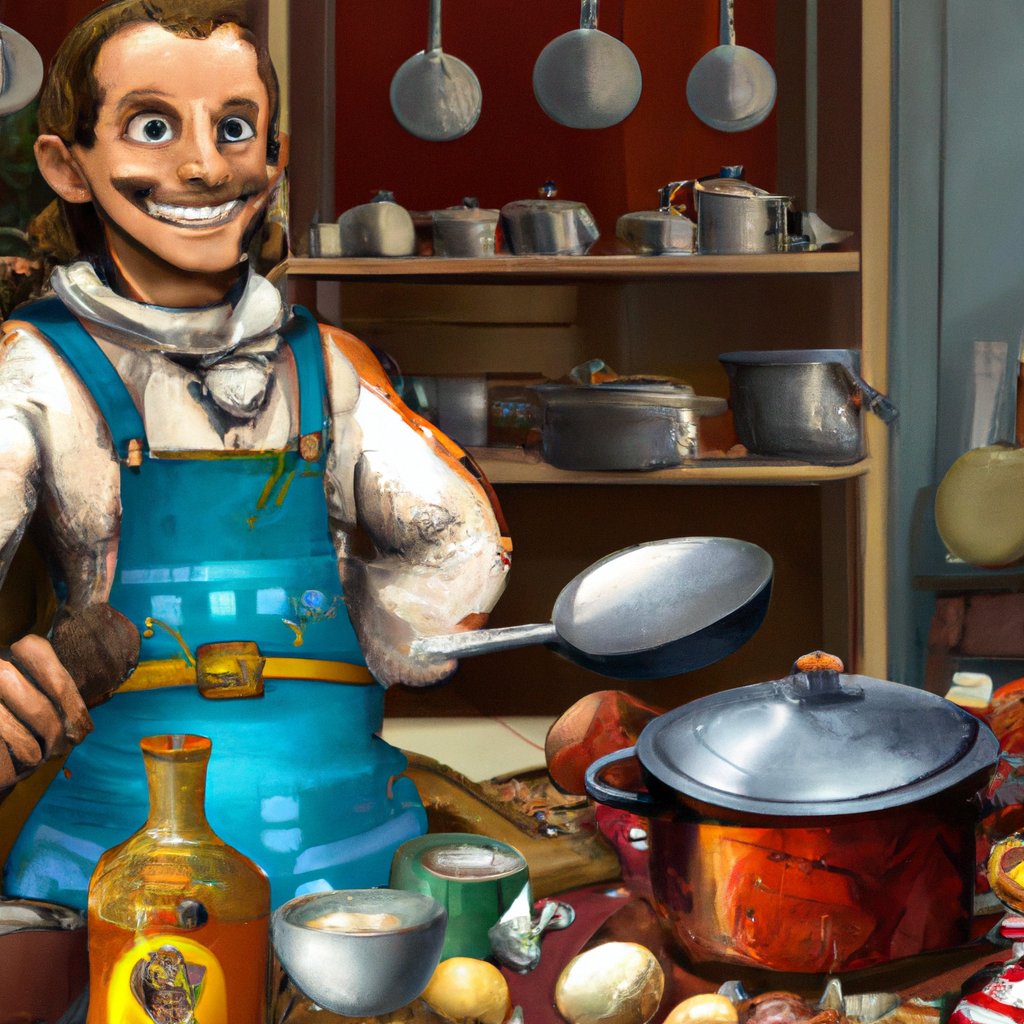 The illustration showed a smiling Jack wearing an apron and holding a spoon, surrounded by ingredients, pots, and pans.The illustration depicted an eager Jack, dressed in an apron and clutching a spoon tightly, happily surrounded by colorful ingredients, cooking utensils, and various pots and pans.