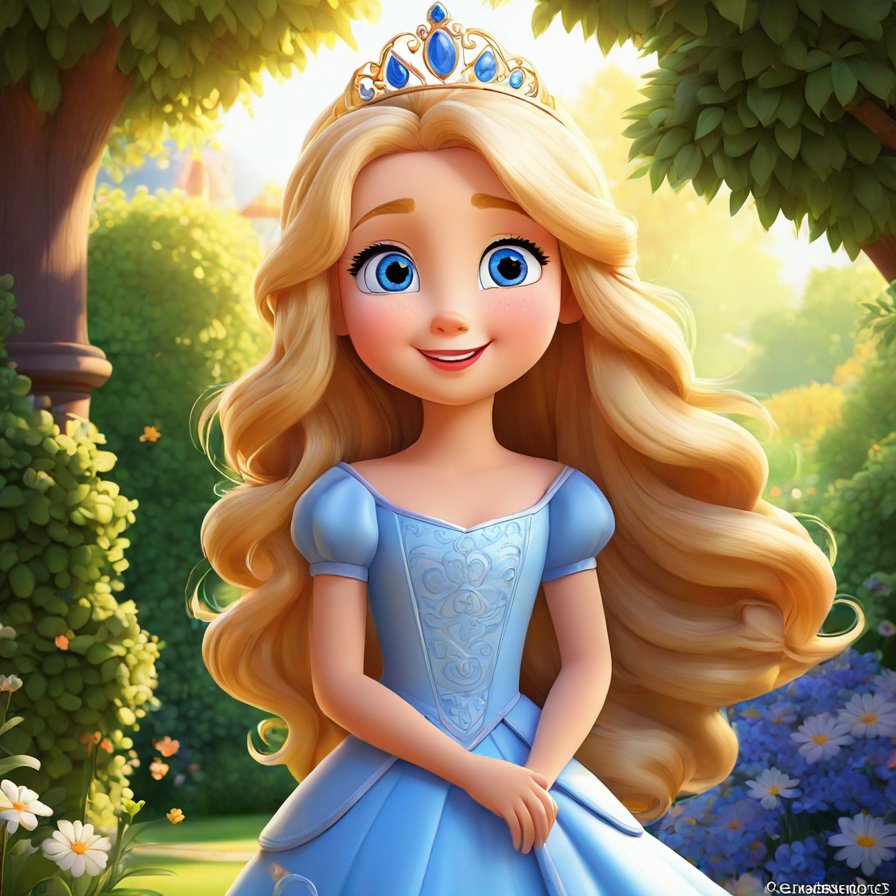 Princess Zami, female, long golden hair, blue eyes, kind expression, sunny garden.