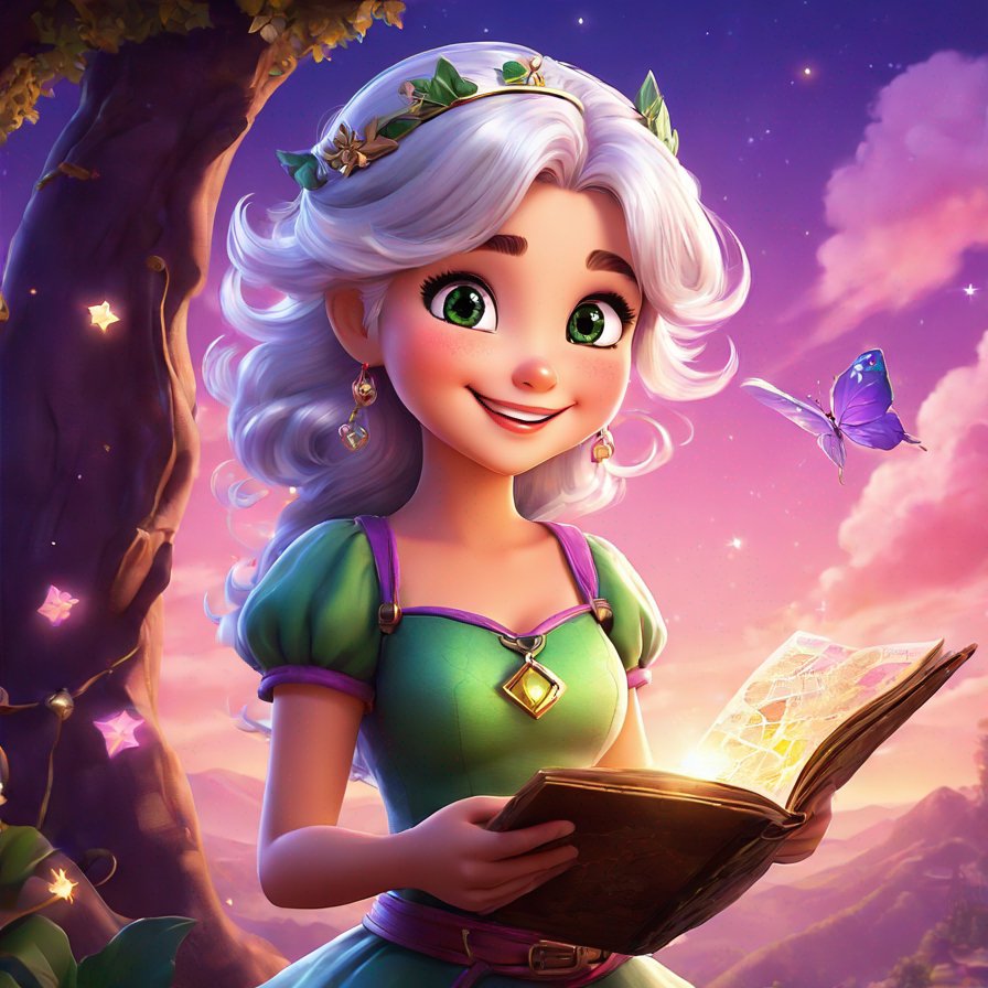female fairy, silver hair, emerald eyes, pink and purple sky background, smiling, holding a treasure map