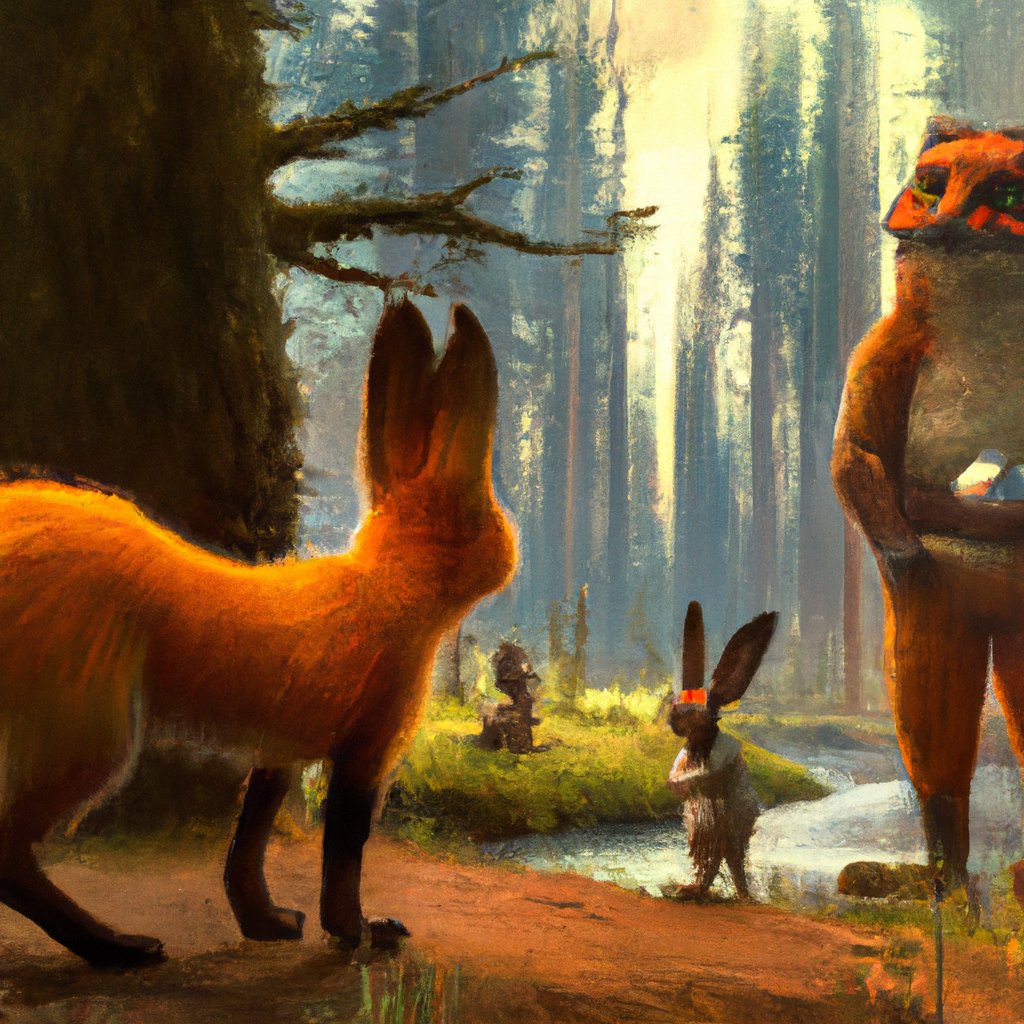 In a magical forest long ago, Rabbit and Fox were friends, Rabbit being small and quick with long ears and a fluffy tail, while Fox had bright orange fur and an ever-moving bushy tail.