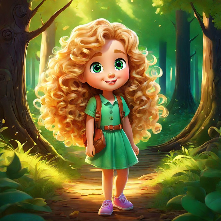 young girl, curly golden hair, emerald eyes, exploring, sunny, magical woods