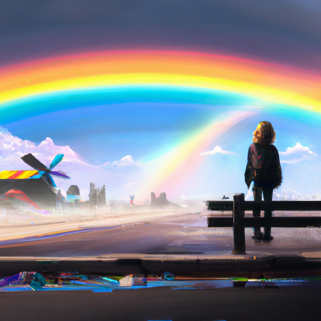 The girl smiled brightly, captivated by the magnificent, swirling rainbow of colors in the sky.