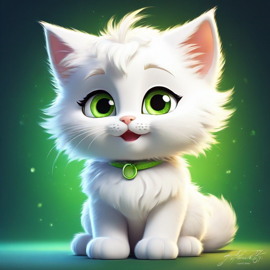fluffy white cat, bright green eyes, wise, mischievous