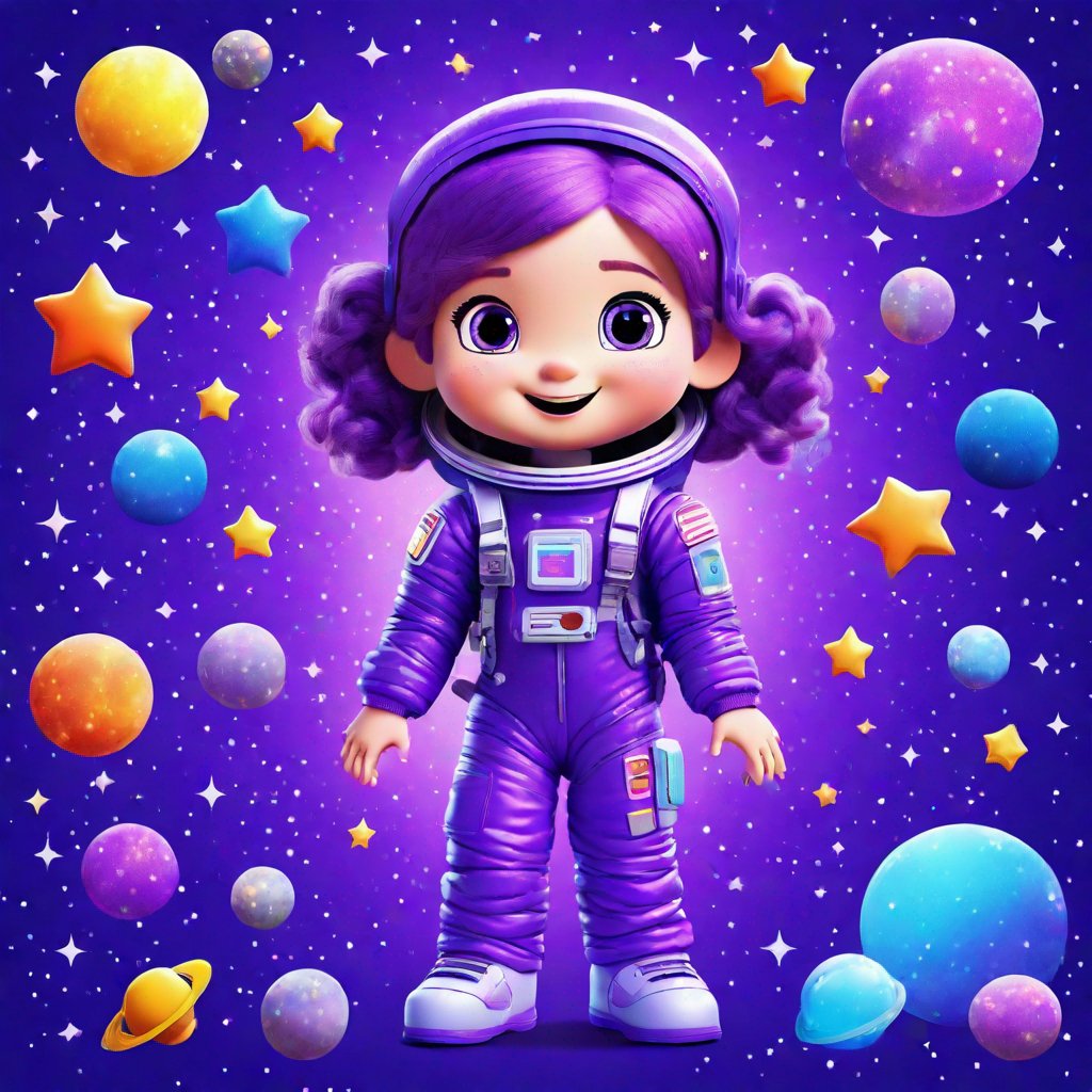 bright-eyed girl, pigtails, sparkly purple space suit, cardboard spaceship, stickers, glitter, backyard