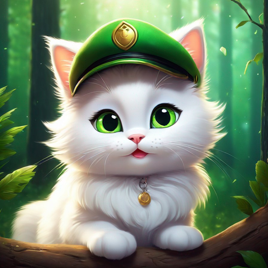 fluffy white cat, bright green eyes, mischievous, forest background