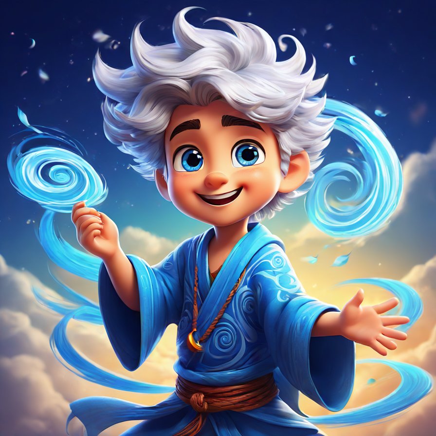 playful wind spirit, male, swirling silver hair, bright blue eyes
