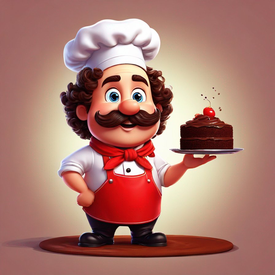 chef, big curly mustache, bold red apron, presenting chocolate cake
