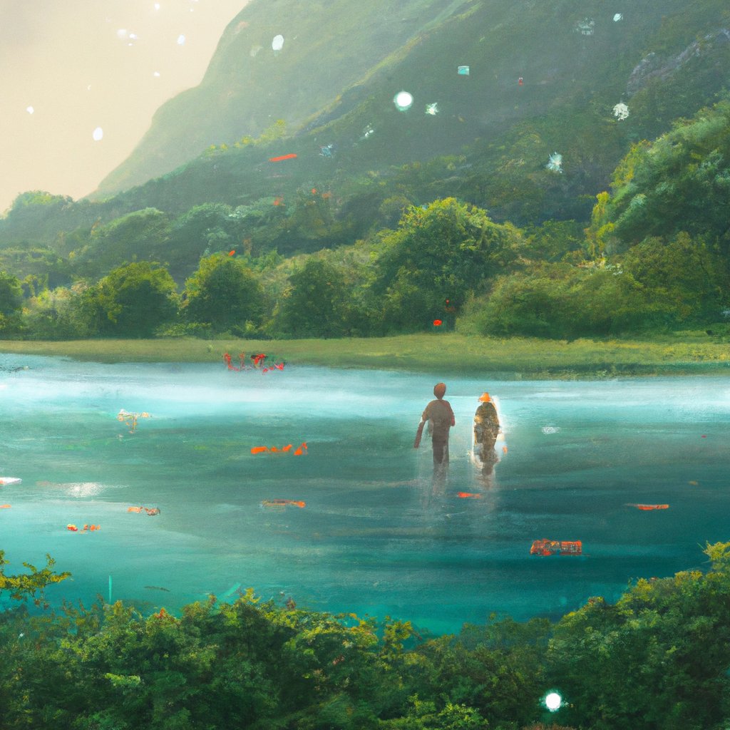 An enchanted illustration of Tim and Tina swimming together in a crystal-clear lake, surrounded by lush greenery and picturesque mountains, full of happiness, adventure, and magical delight.