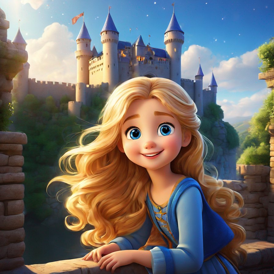 female, long flowing golden hair, sparkling blue eyes, kind and adventurous spirit, castle background