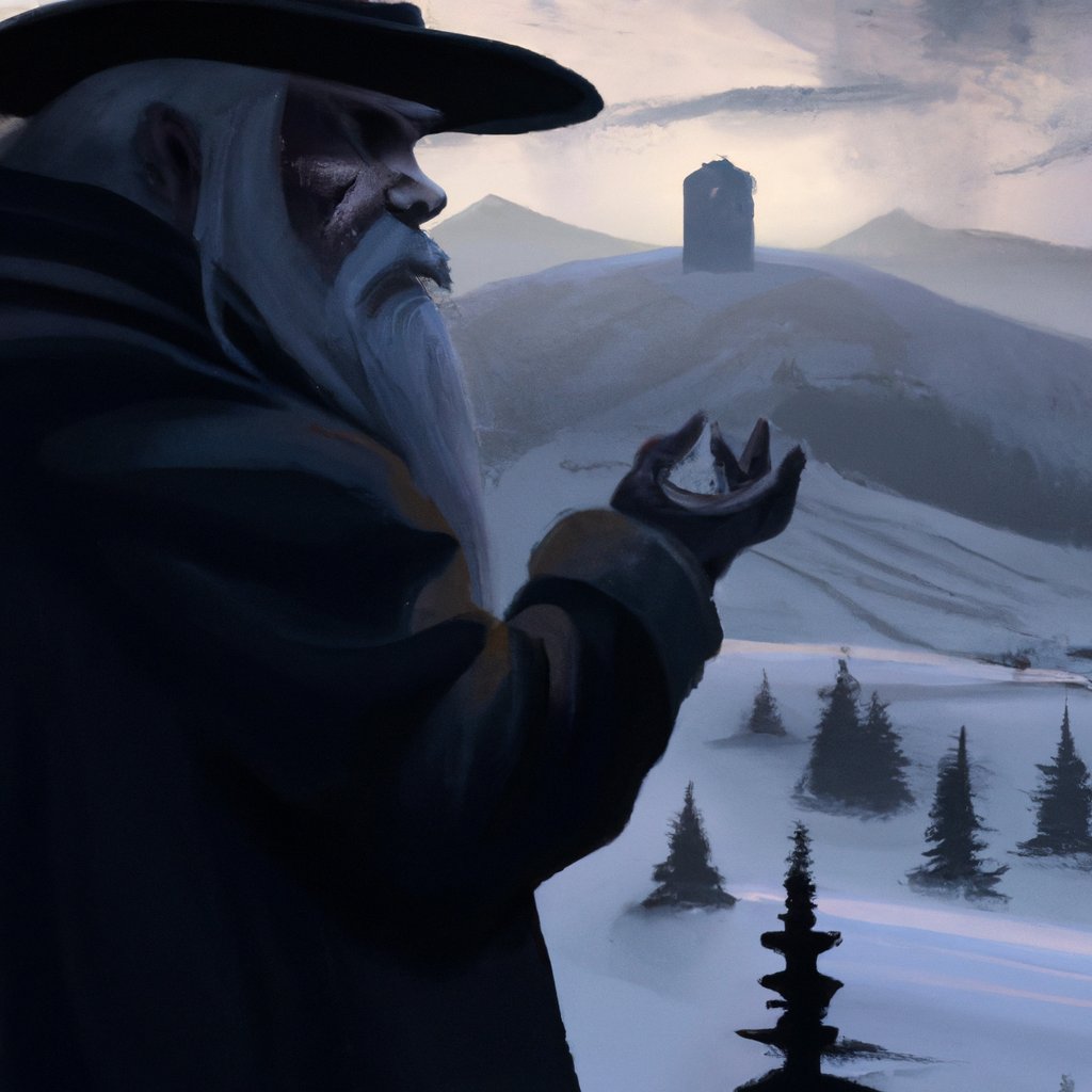 The wise old man lived atop a tall, snow-capped mountain, surrounded by a picturesque view of distant valleys and towering pine trees.