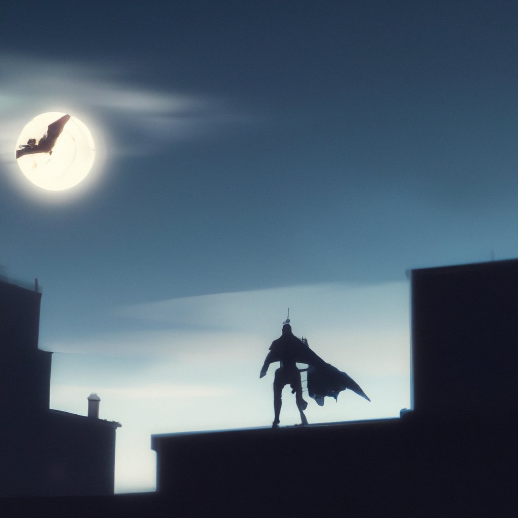 A silhouette of Batman, brave and heroic, soaring gracefully around the moonlit rooftops of Gotham City.