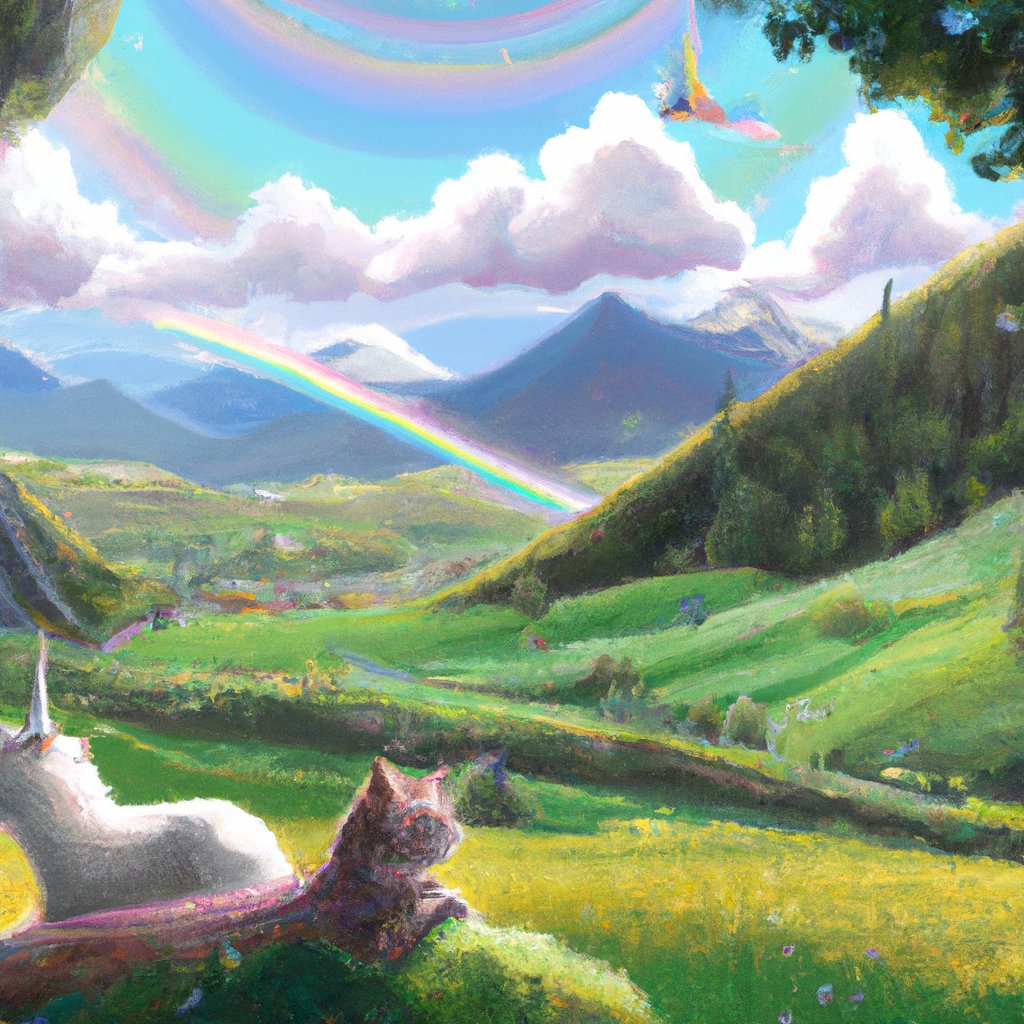 This cozy illustration depicts Glitter the unicorn and Whiskers the cat happily exploring the majestic mountains and lush, green grasslands of the vibrant Rainbow Valley.