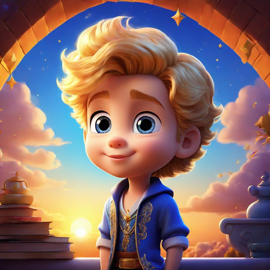 young prince, golden hair, bright blue eyes, sunrise background