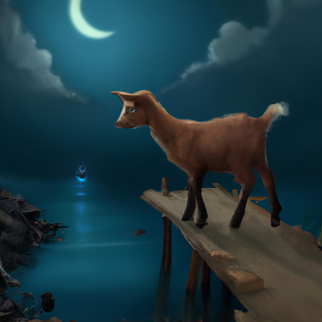 Gail, the curious little baby goat, ventured out to sea on a moonlit night, eagerly exploring the world beyond her meadow home.