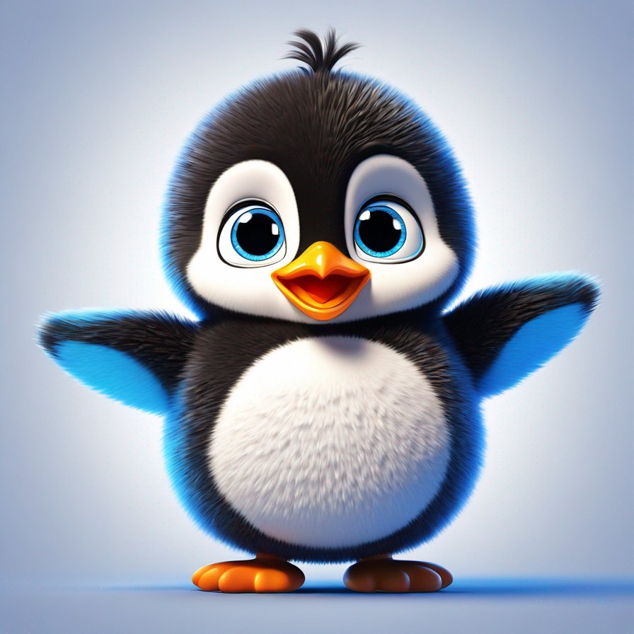 fluffy penguin, bright blue eyes, twirling, balancing on one foot