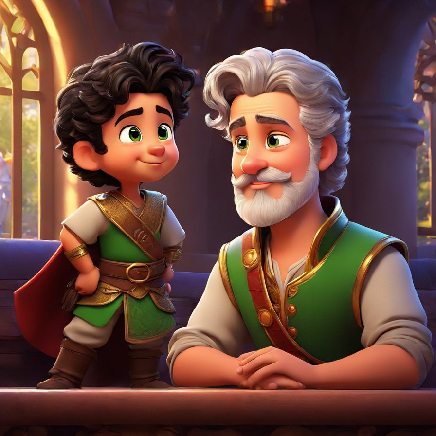 older male warrior, grey beard, young male prince, listening, older male nobleman, curly black hair, green eyes, conversing