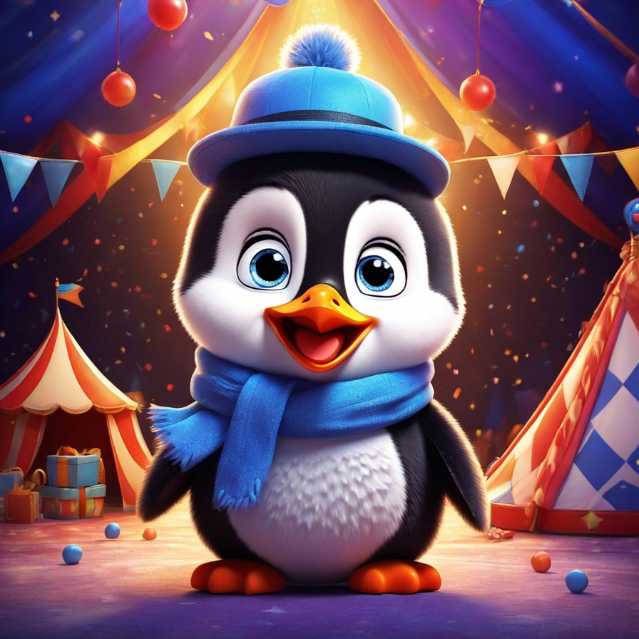 fluffy penguin, bright blue eyes, circus tent background, smiling