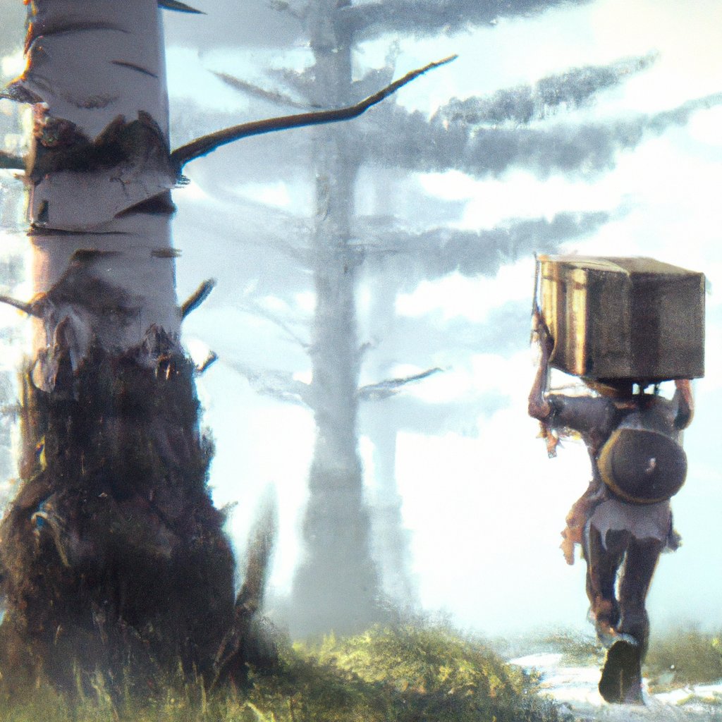 A boy named Borya, trudging through the woods with his small hands gripping a massive box.