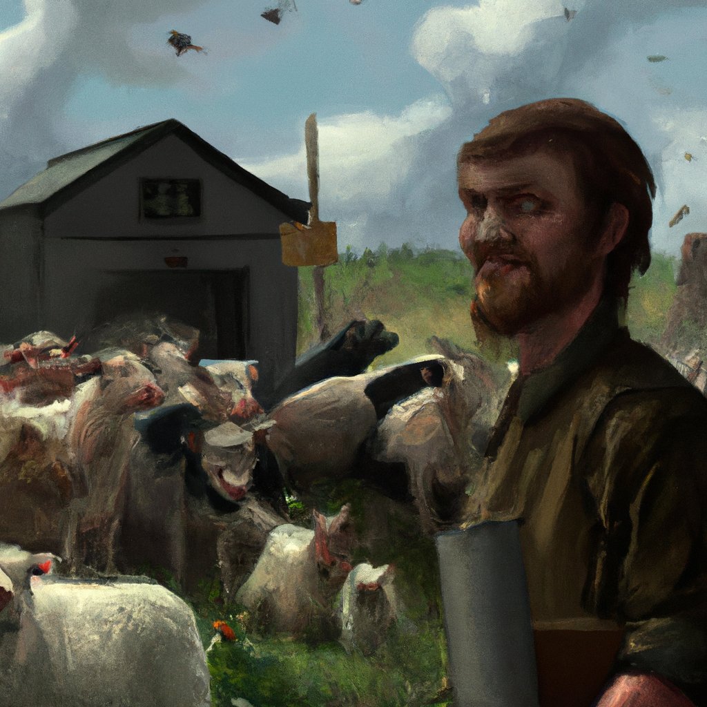 A beaming Bevan, surrounded by his farmyard friends - chickens, cows, sheep, and more - happily tends to them all.