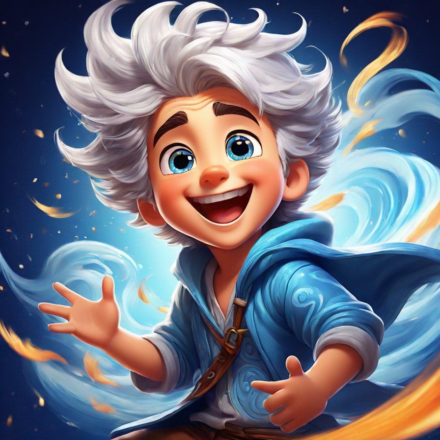 playful wind spirit, male, swirling silver hair, bright blue eyes, laughing