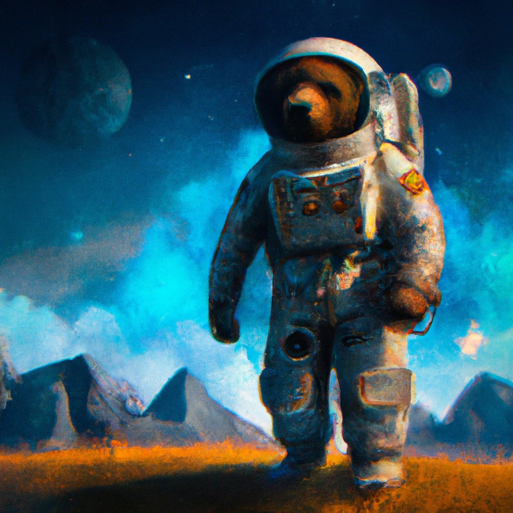 In his dreamy, star-strewn night sky, Banda the curious Bear donned his space suit, ready to launch off to the Moon.