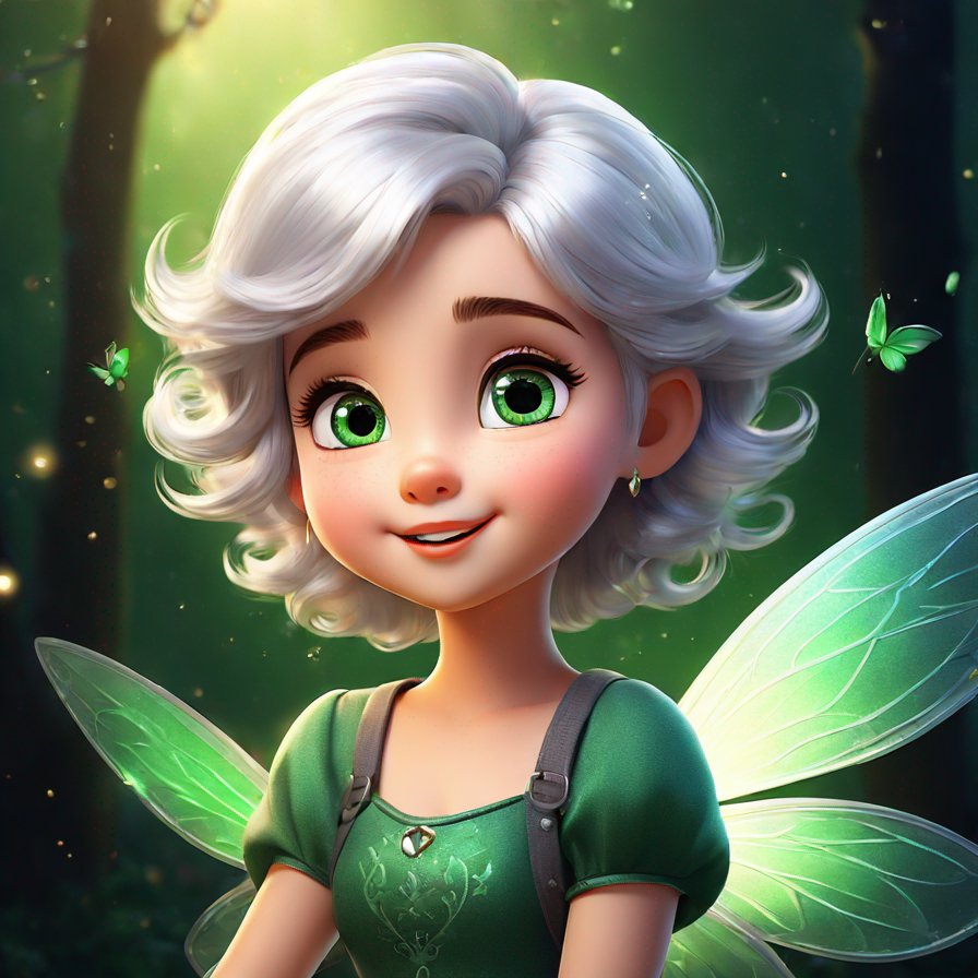 female, silver hair, emerald eyes, fairy wings, kind expression