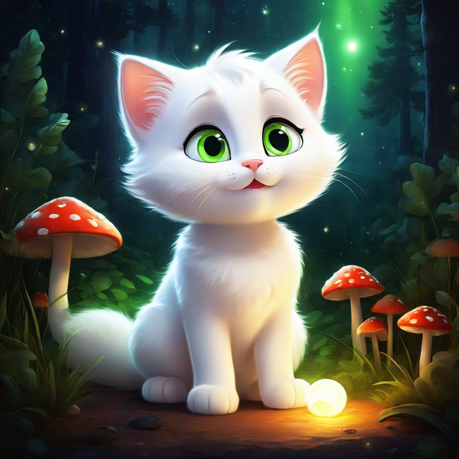 fluffy white cat, bright green eyes, land of mushrooms, fireflies