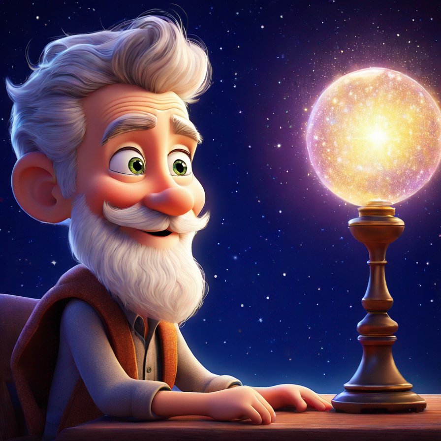 old man, beard made of stardust, eyes twinkle like diamonds, wise expression
