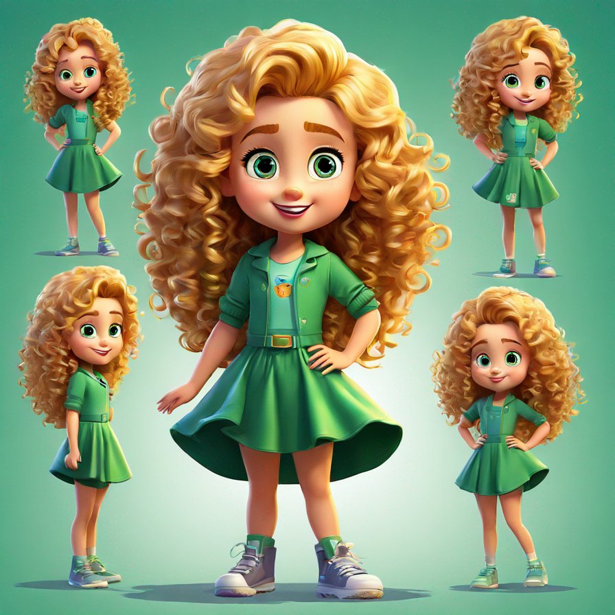 young girl, curly golden hair, emerald eyes, standing, confident expression
