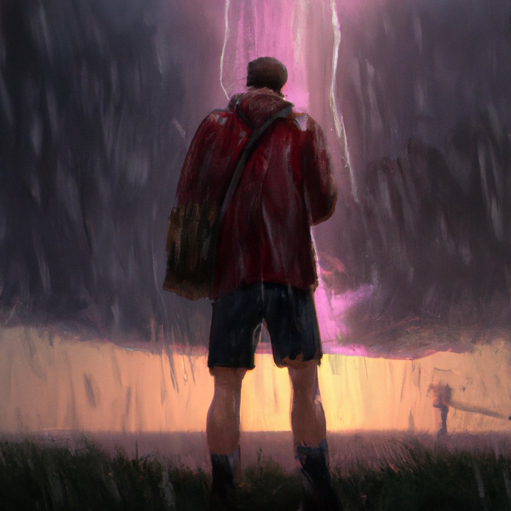 Timmy, brimming with anticipation, stepped out into the light drizzle wearing a raincoat and clutching an umbrella, and was soon rewarded with a dizzyingly bright flash of lightning across the sky followed by an earth-shaking rumble of thunder that stirred fear and awe in his heart.