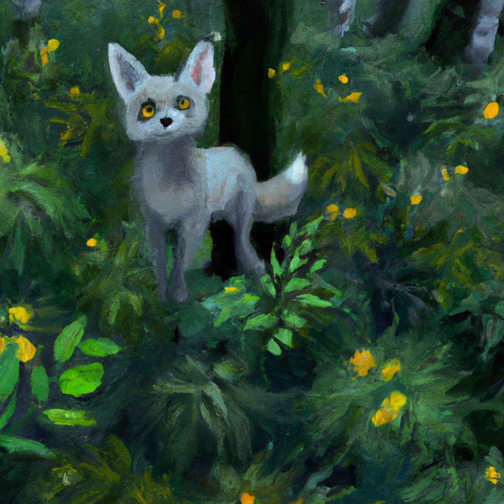 The illustration showed Fritzy, a curious little fox with bright eyes and a grey-furred coat, happily exploring the lush, vibrant forest.