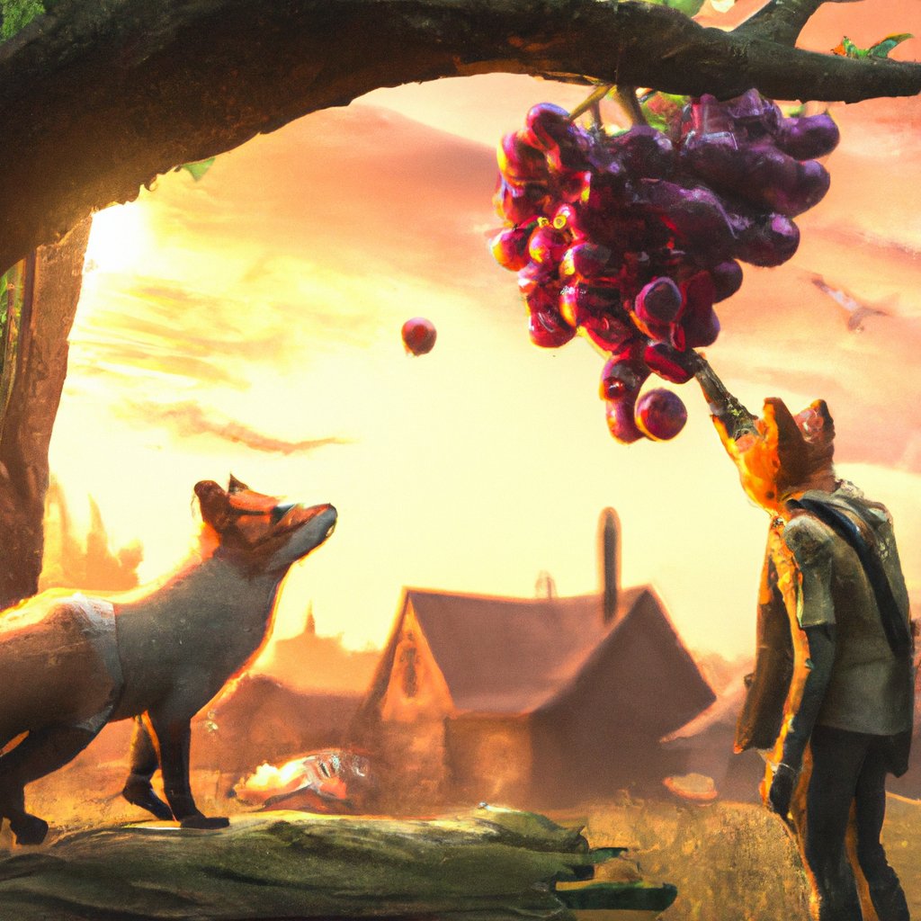 The fox, eagerly searching for adventure and sustenance, stumbled upon a gleaming, ripe cluster of grapes dangling from a lush tree.