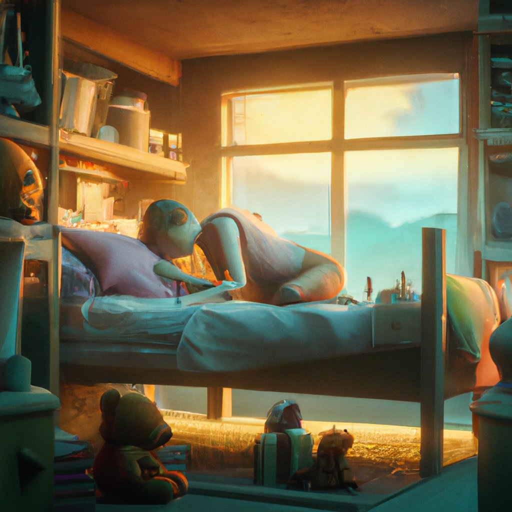 Mia snuggled up in her cozy bed, clutching her beloved teddy bear close as her mom kissed her forehead and bid her goodnight. in a painting from stalenhag, 8 k, hdr, artstation, concept art