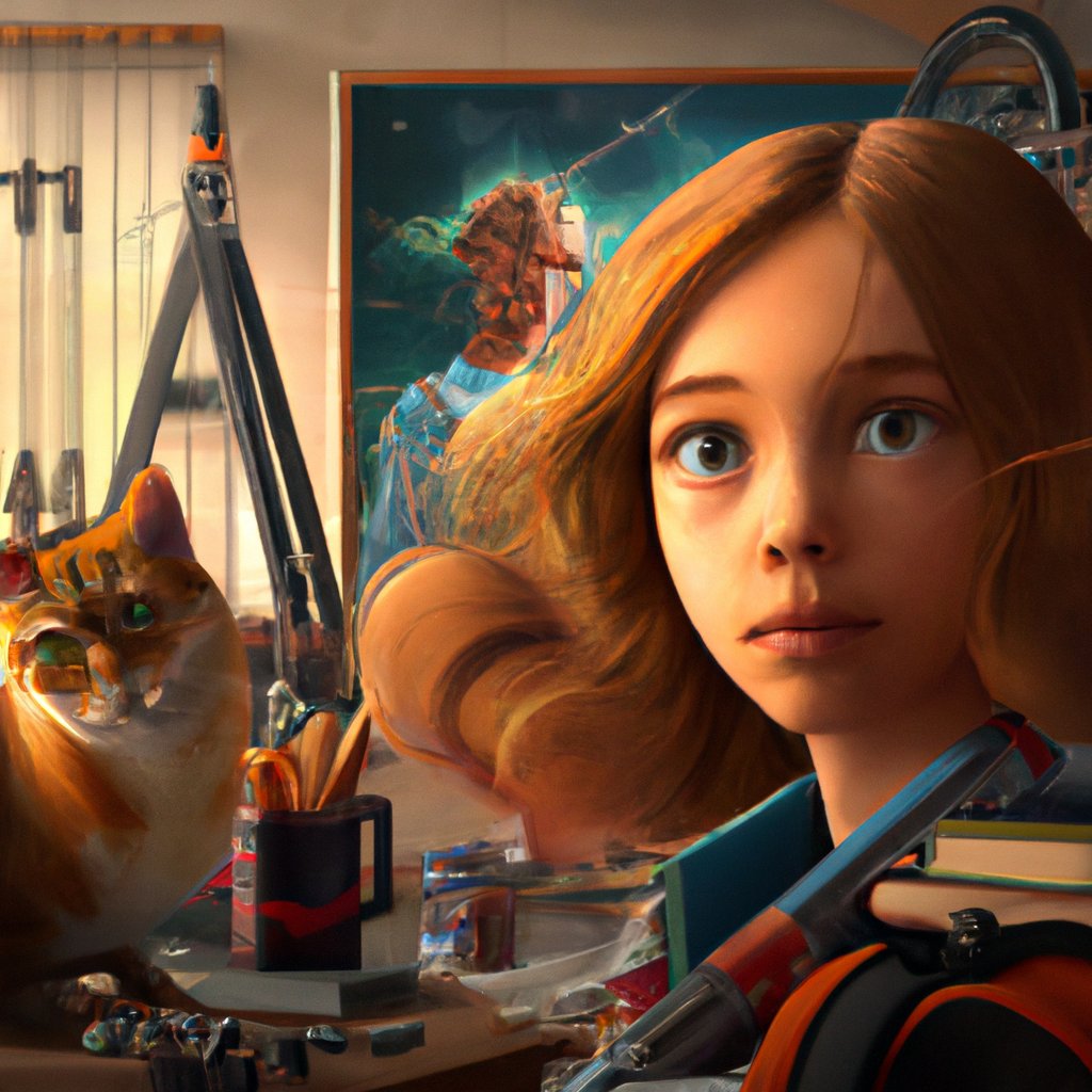 The illustration showed Isla, a young princess with an inquisitive face, surrounded by cats, art supplies, and mathematical equations. in a painting from stalenhag, 8 k, hdr, artstation, concept art