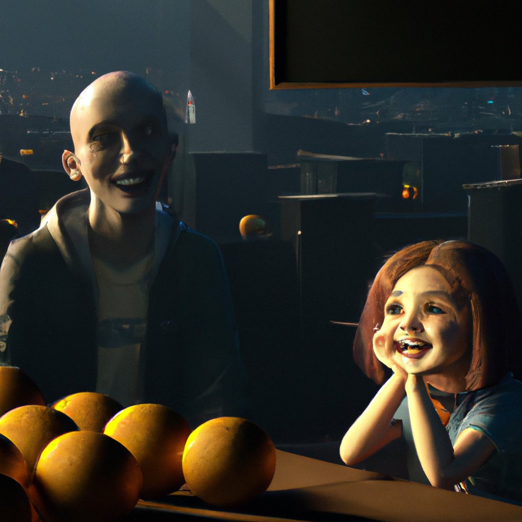 Tiffany was delighted to listen to her mom's silly story about Mr Lemonade the flatulent, mischievous orange. in a painting from stalenhag, 8 k, hdr, artstation, concept art