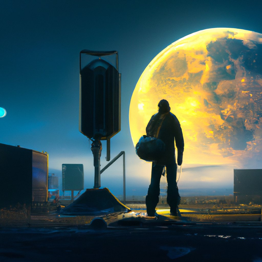 The man gazed up in awe at the luminous, majestic moon, feeling a deep connection to its extraordinary beauty. in a painting from stalenhag, 8 k, hdr, artstation, concept art