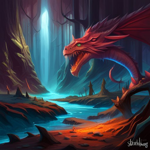 A young dragon named Blaze, living deep within a mystical cave in the enchanted forests of a magical kingdom, gazed out at his surroundings.