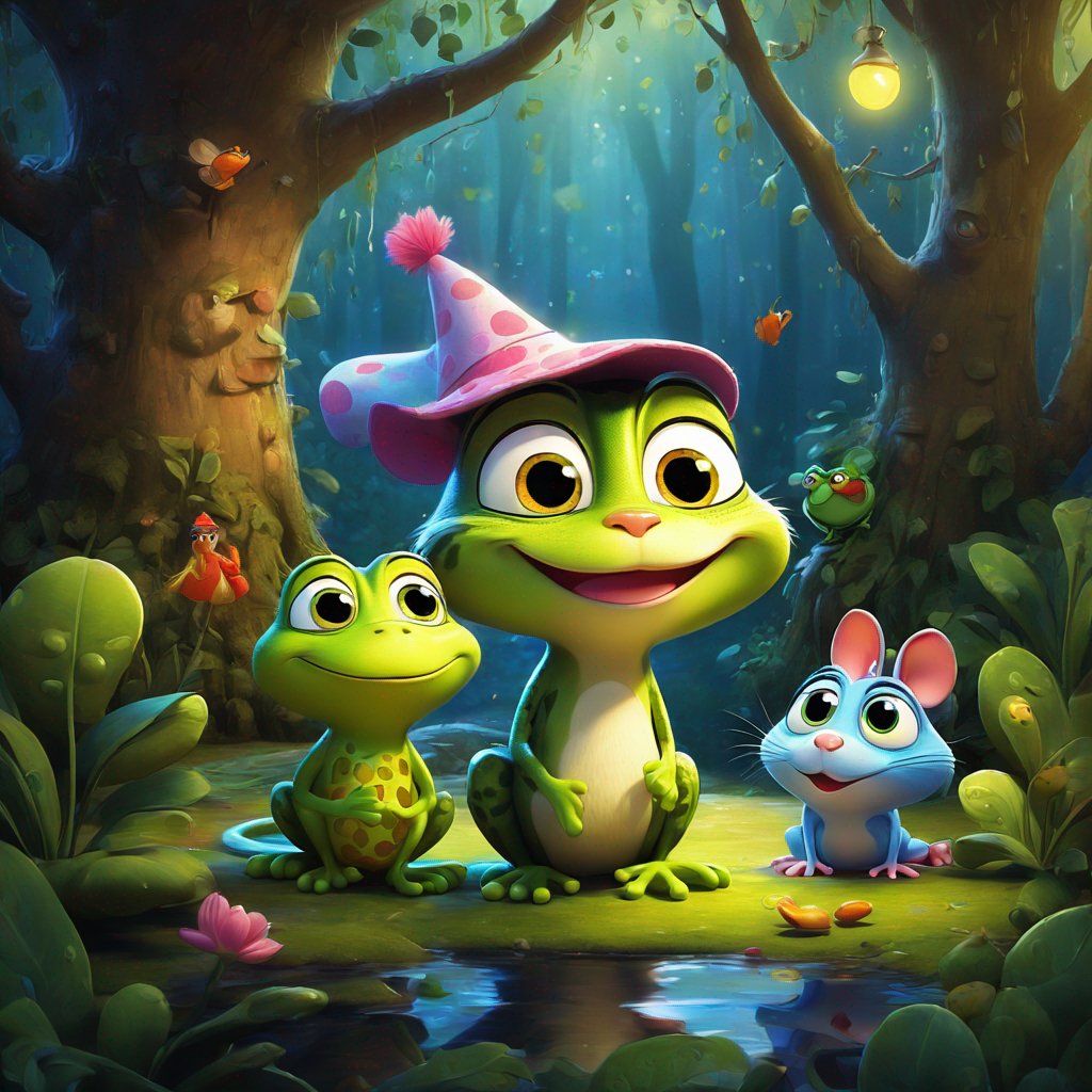 painting, Agnes the Cat, Matt the Mouse, Bob the Frog, friends, magical, whimsical forest