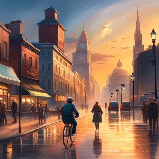 The illustration depicted the cheerful Anastasios, pedaling his trusty bicycle along the fascinating urban landscape, filled with bustling people, vibrant buildings, and bustling cars.