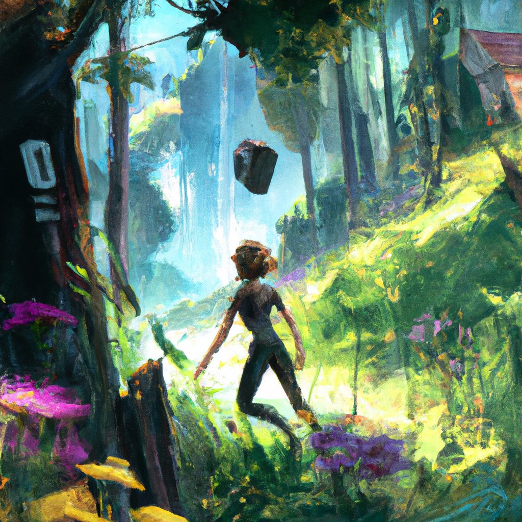 Lisa flew through the lush, vibrant forest in search of the mysterious sound, ready to uncover its hidden secrets. in a painting from stalenhag, 8 k, hdr, artstation, concept art